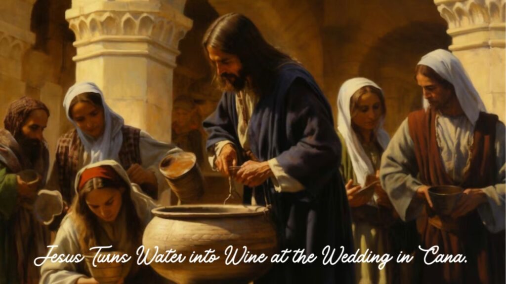 1st miracle of Jesus Christ:   Jesus Turns Water into Wine at the Wedding in Cana. The whole story about this miracle of the Lord Jesus Christ is written in John 2:1-11.