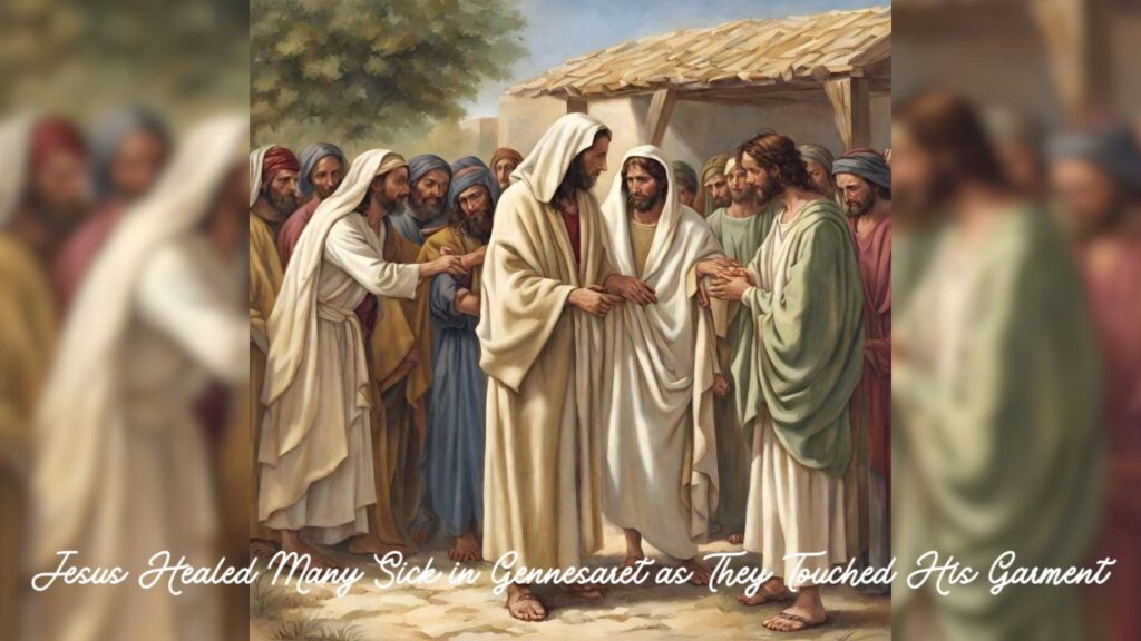 21: Jesus Healed Many Sick in Gennesaret as They Touched His Garment. The whole story about this miracle of Jesus Christ is written in Matthew 14:34-36, and  Mark 6:53-56. 