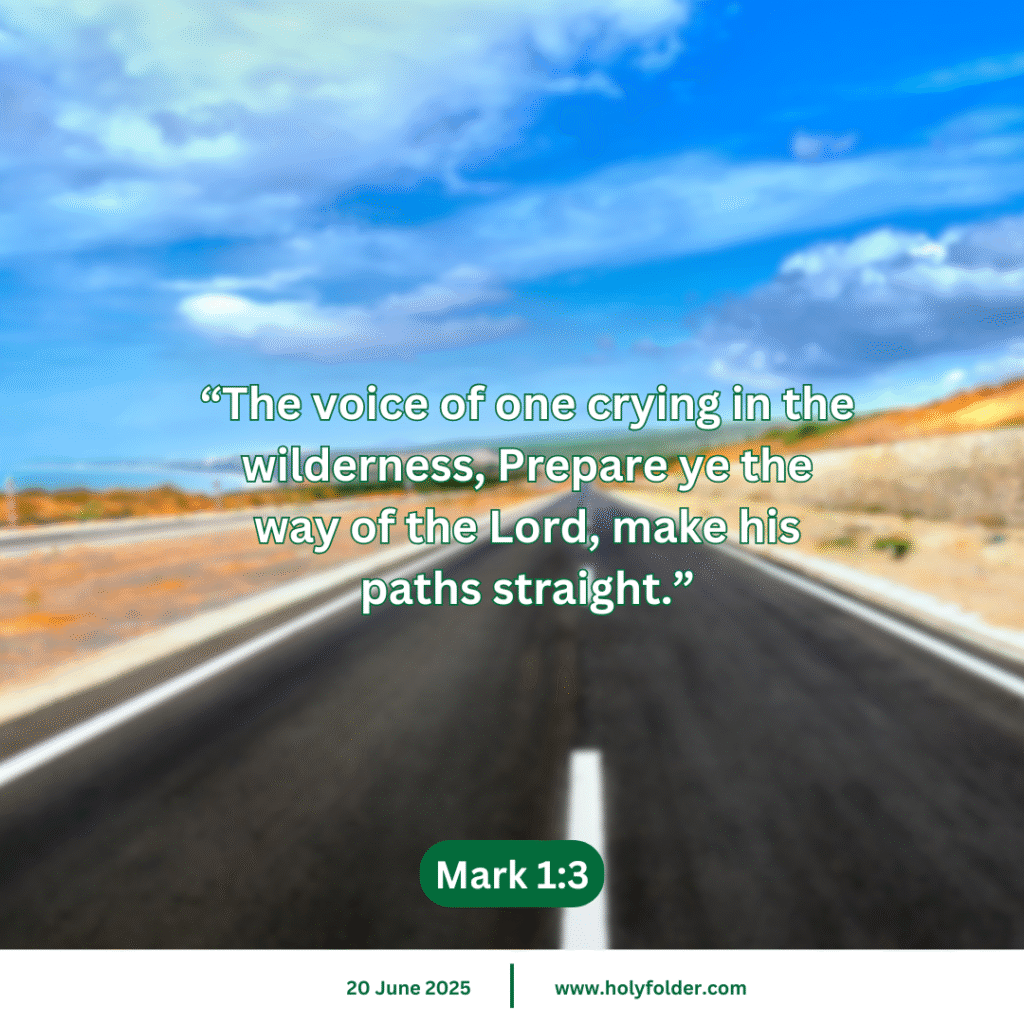 "A serene desert path with footprints leading toward a sunrise, symbolizing preparation for the Lord’s coming, alongside an open Bible with Mark 1:3 highlighted."