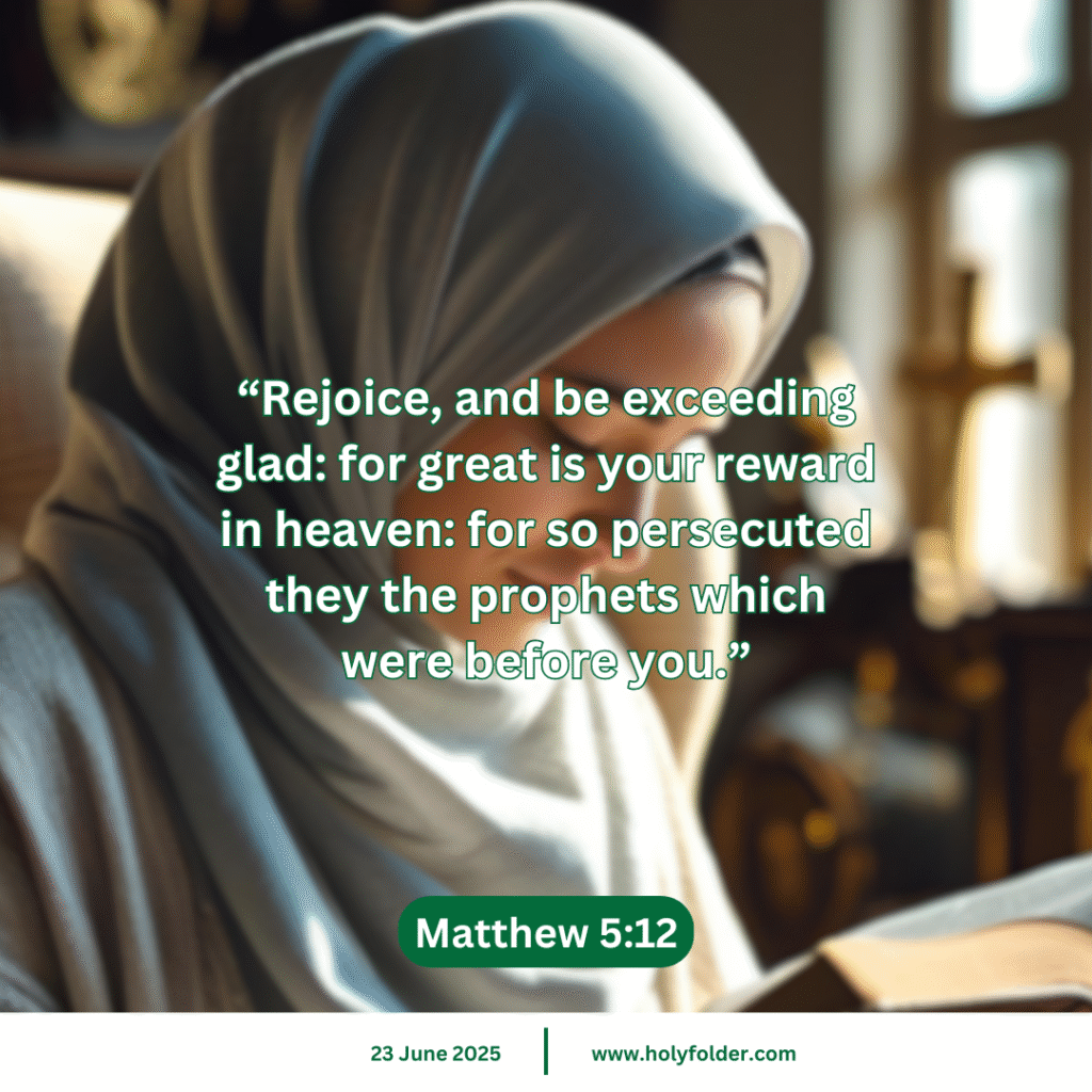 A woman wearing a light grey hijab is reading holy bible, in a warmly lit room with a wooden cross visible in the background. The Bible verse Matthew 5:12 is overlaid on the image, which reads: “Rejoice, and be exceeding glad: for great is your reward in heaven: for so persecuted they the prophets which were before you.” Today's bible verse of "23 June 2025".