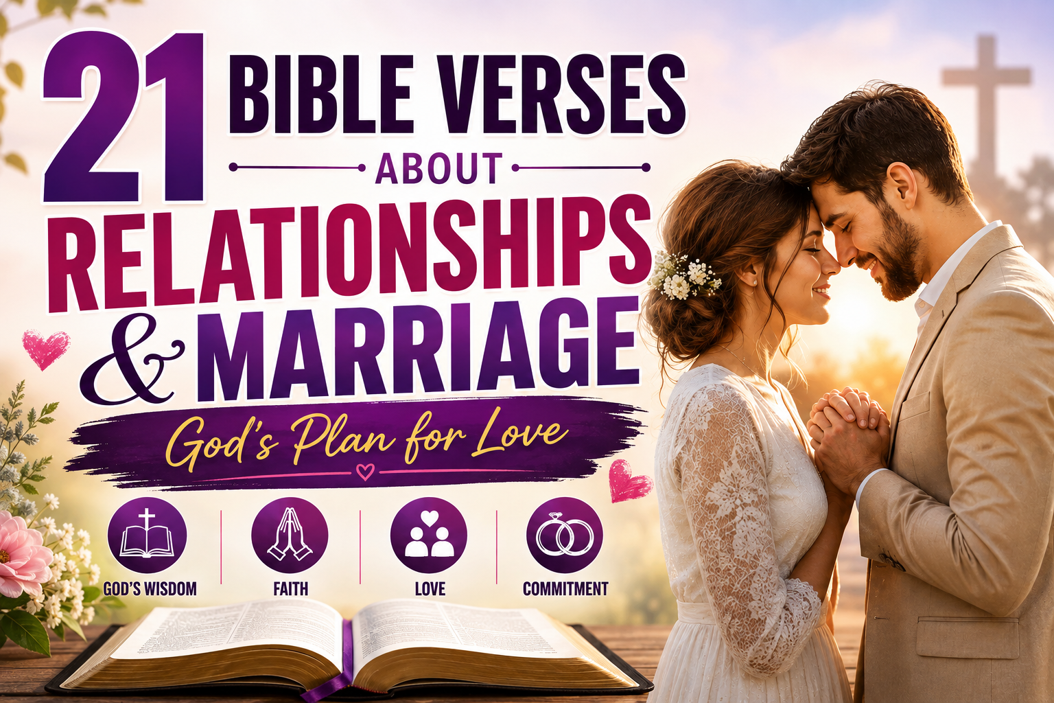 An illustration of a Christian couple praying beside an open Bible to seek God's guidance for their relationship and marriage. List 21 amazing Bible verses about relationships and marriage to uncover God's plan for love, commitment, and lifelong partnership.