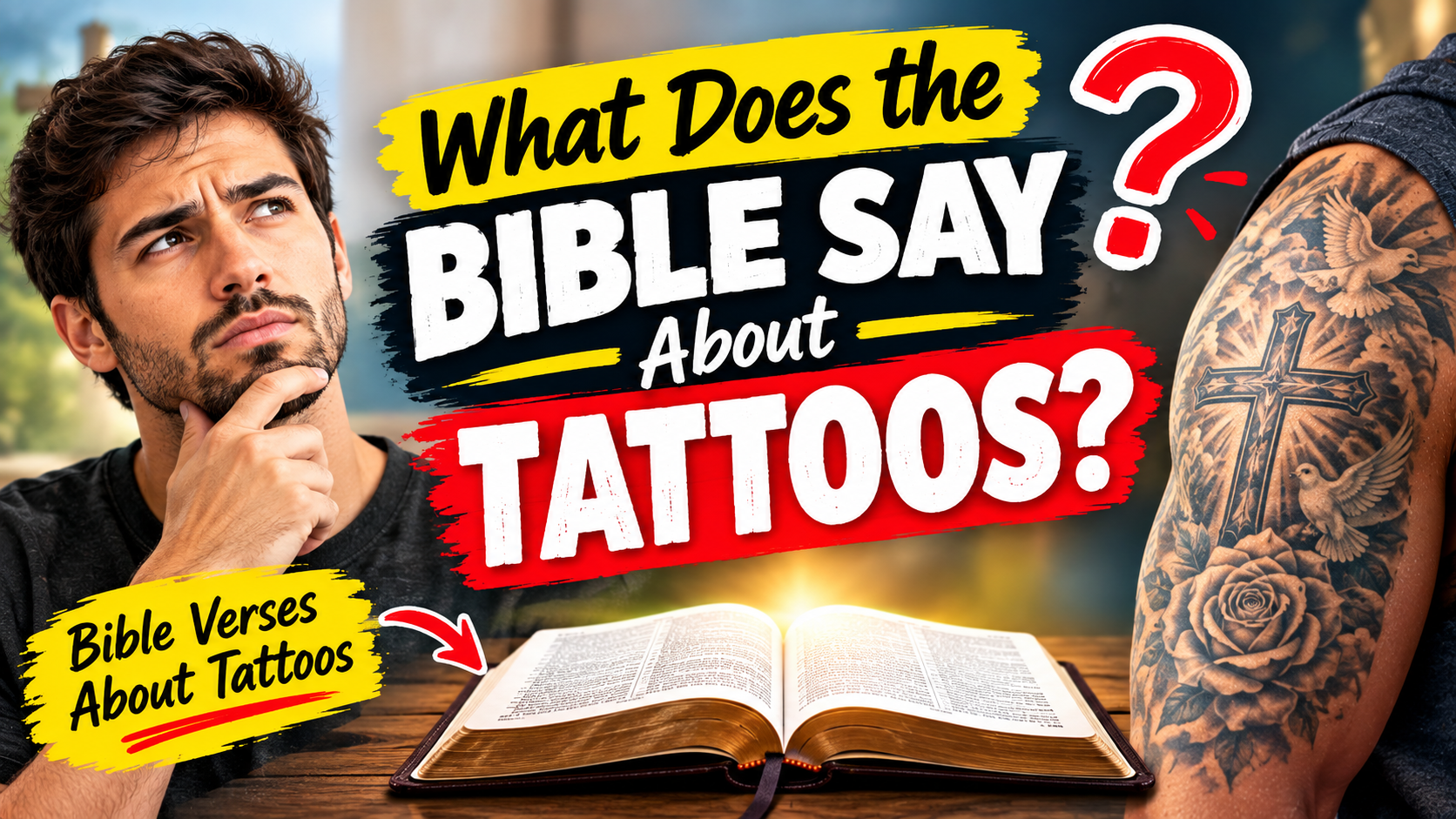 What does the Bible say about tattoos, featuring a person with tattoos, an open Bible, and Bible verses about tattoos.