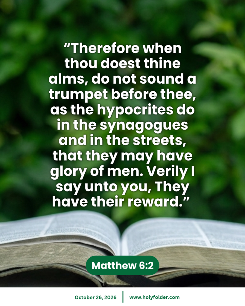 Today’s bible verse | Bible verse of the day | October 26, 2026 | Matthew 6:2
“Therefore when thou doest thine alms, do not sound a trumpet before thee, as the hypocrites do in the synagogues and in the streets, that they may have glory of men. Verily I say unto you, They have their reward.”